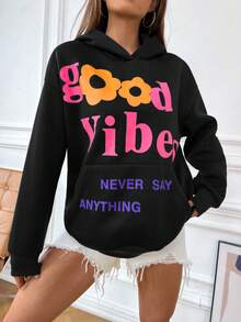 SHEIN Unity Khẩu hiệu & Đồ họa hoa Túi kangaroo Thả vai Hoodie - màu đen - Xem 6