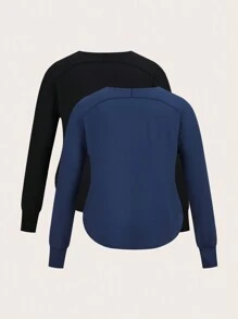 SHEIN Yoga Trendy Plus 2pcs Solid Curved Hem Tee - Blue - View 2