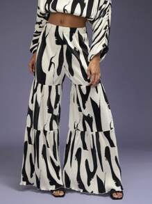 SHEIN Unity Bản in trừu tượng Nhiều lớp Quần ống rộng - Đen và trắng - Xem 3