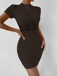 SHEIN SXY Cổ giả Lưới tương phản Chèn Váy bodycon - Cà phê nâu - Xem 3