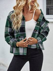 SHEIN LUNE In kẻ sọc Thả vai Áo khoác Peplum Hem - màu xanh lá - Xem 5