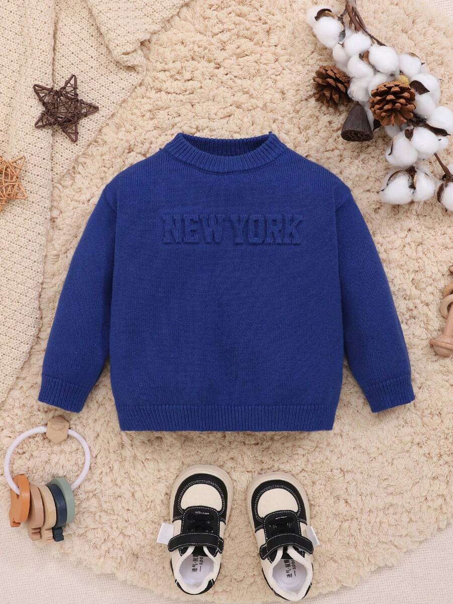 SHEIN Đứa bé trai Mẫu chữ Cổ giả Áo len - Màu xanh lam - Xem 1