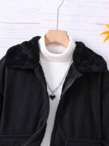 SHEIN Thiếu niên cô gái 1 Miếng Cổ áo Borg Túi có nắp Thả vai Dây kéo Áo khoác - màu đen - Xem 4