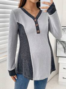 SHEIN Maternity Color Block Half Button Tee - Multicolor - View 1