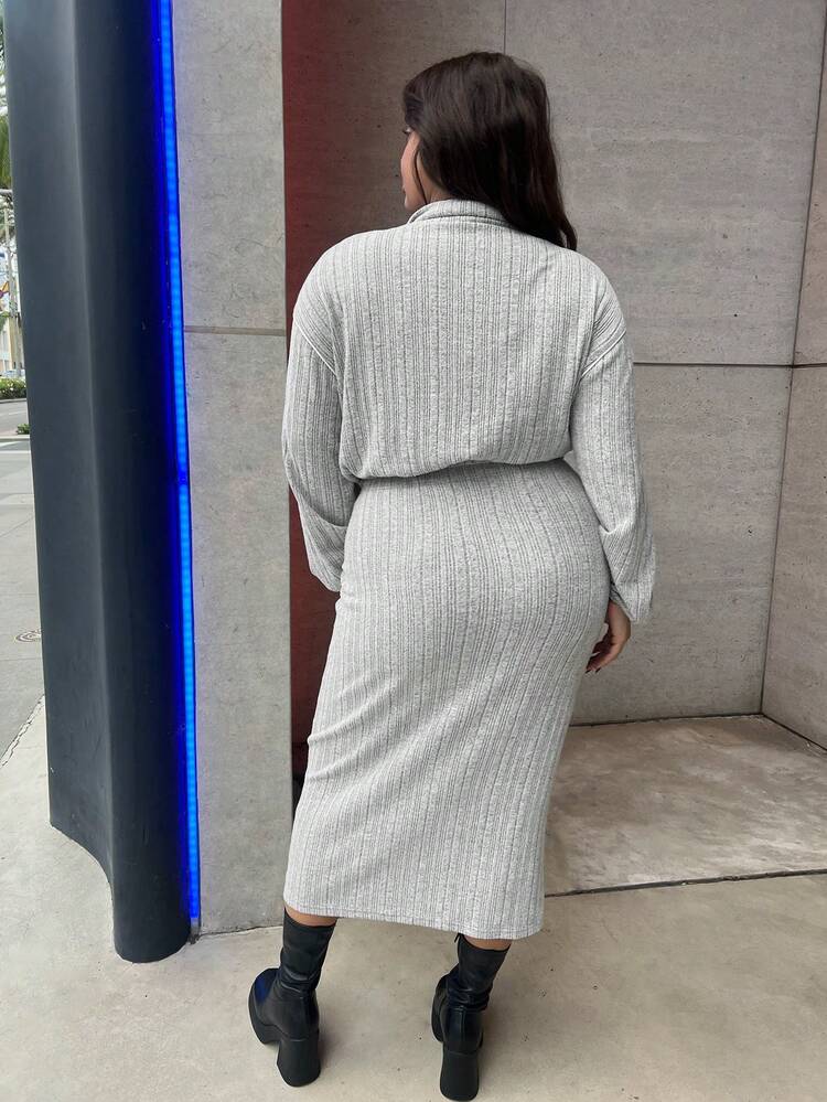 Plus Size Half-Zip Drop Shoulder Sweatshirt And Skirt Set