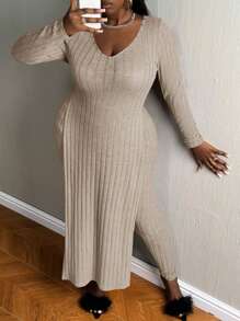 Slaydiva Plus Split Hem Longline Tee & Leggings - Apricot - View 5