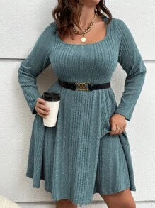 Vionelle Plus Ribbed Knit Scoop Neck A-Line Dress Without Belt Fall Cloth For Women - Dusty Blue - View 7