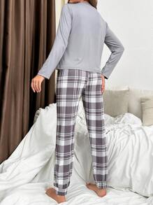 Slogan Graphic Tee & Plaid Print Pants PJ Set / Pajama Set  Cozy And Elegant Details, Fall Clothes - Grey - View 2