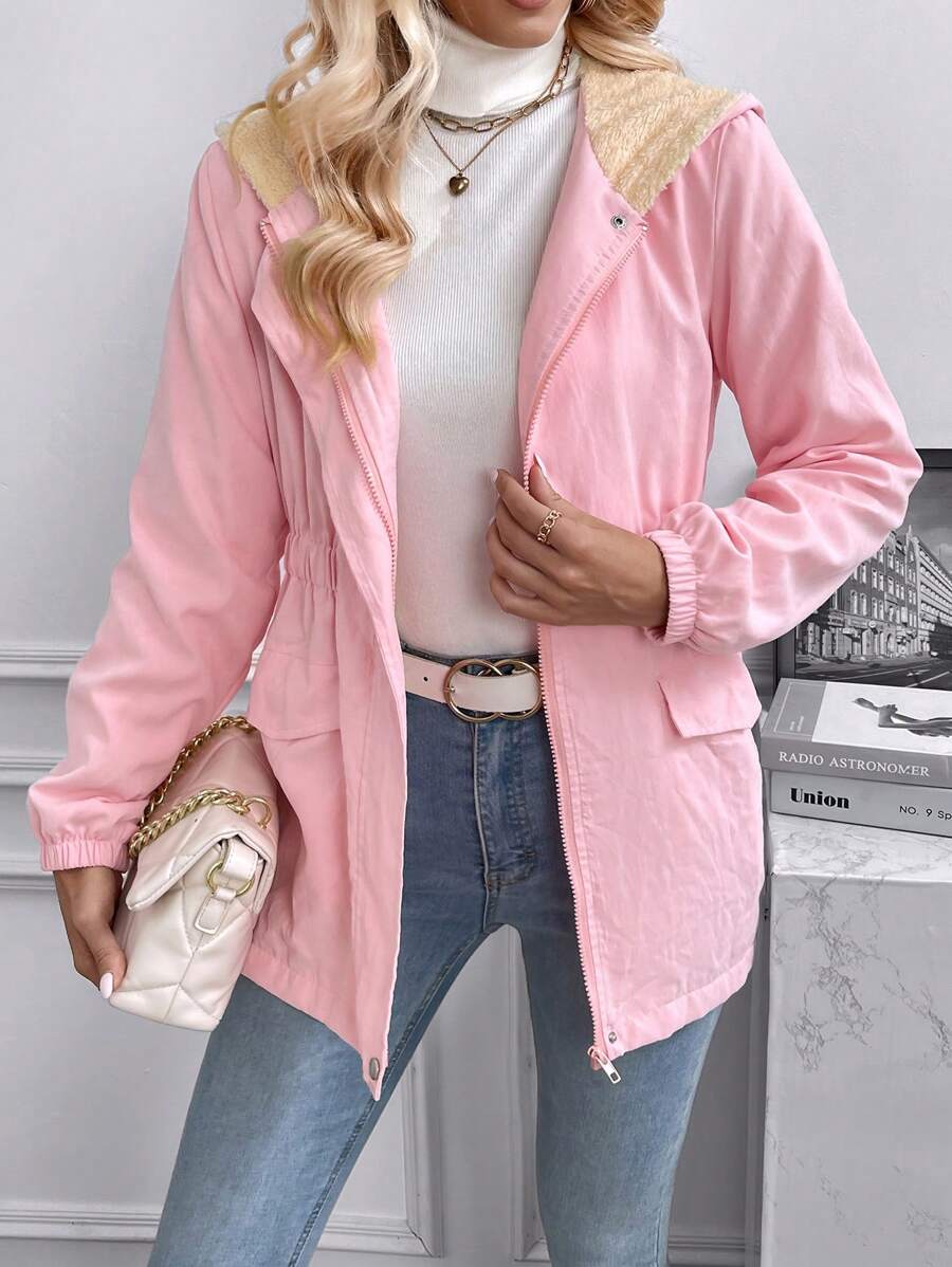 SHEIN Unity Flap Pocket Elastic Waist Hooded Coat - Pink - View 1