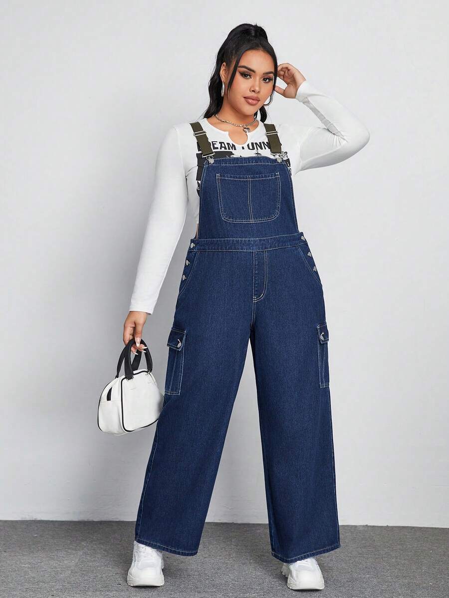 SHEIN ICON 大碼翻蓋口袋牛仔背帶褲不帶T恤 - 深色水洗藍 - 查看 1