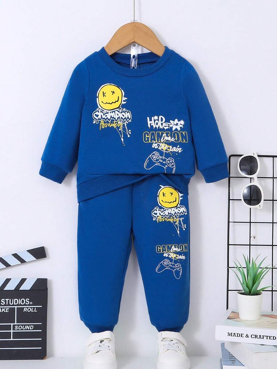 Baby Boy Cartoon & Letter Graphic Sweatshirt & Sweatpants - Navy Blue - View 1