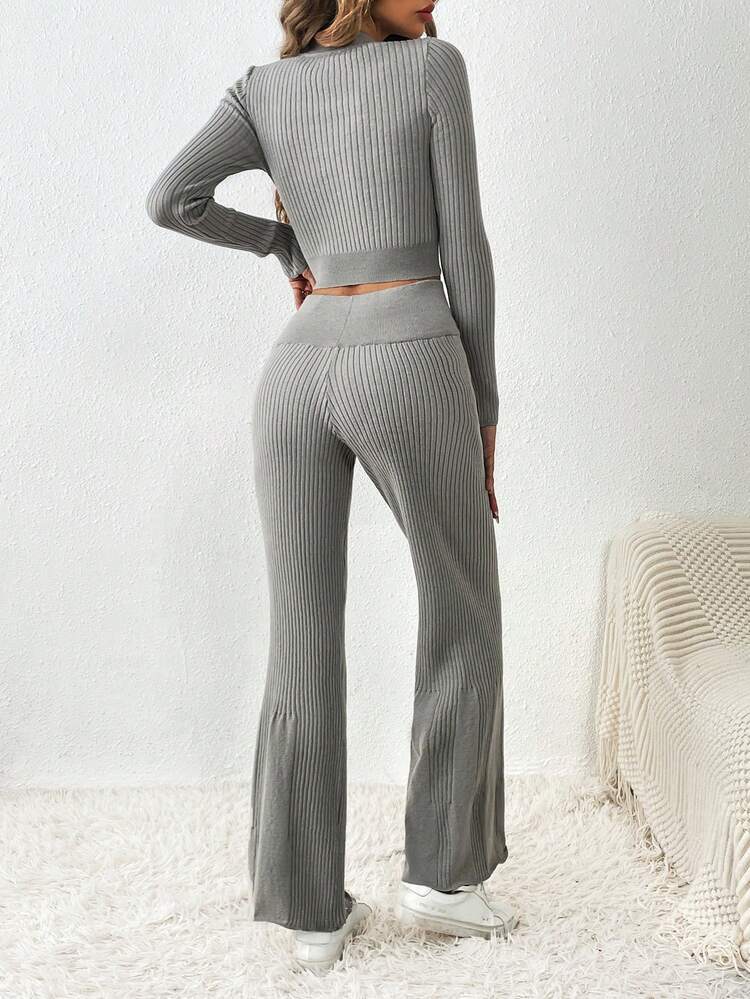 Mock Neck Crop Sweater & Drawstring Waist Knit Pants Fall Cloth For Women