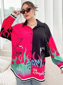 SHEIN Coolane Hơn Đồ họa chữ & lửa Sọc trang trí Thả vai Áo sơ mi - Nhiều màu - Xem 3