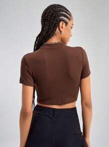 SHEIN EZwear Mock Neck Crop Tee - Coffee Brown - View 2