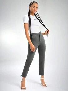 SHEIN Essnce 高腰錐形褲 - 灰色 - 查看 5