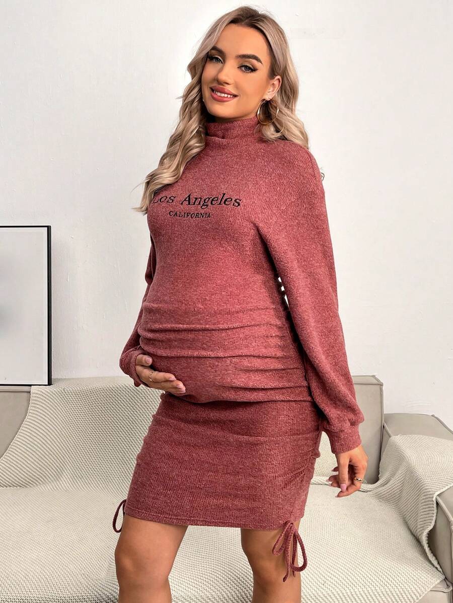 SHEIN Maternity High Neck Embroidery Letter Pattern Ruched Side Bodycon Dress - Rust Brown - View 1