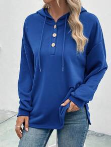 EMERY ROSE 半排扣落肩袖抽繩連帽衫 - 藍色 - 查看 3