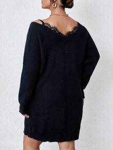 SHEIN Franclia 大碼睫毛蕾絲邊二合一毛衣洋裝不附腰帶 - 黑色 - 查看 4