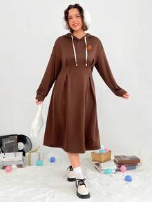 SHEIN EZwear Plus Drop Shoulder Bear Patched Drawstring Hooded Sweatshirt Dress - Coffee Brown - View 5