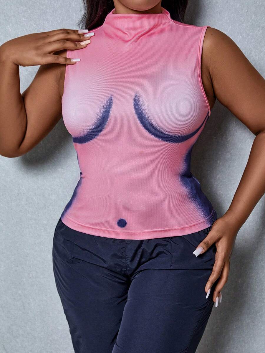 Maweii Plus Graphic Print Mock Neck Tank Top - Pink - View 1