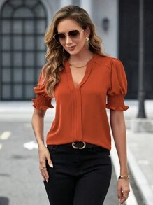 SHEIN Clasi Đường viền cổ có rãnh Ống tay áo Áo sơ mi - trái cam - Xem 4