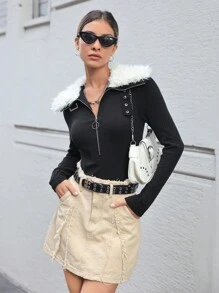 SHEIN Essnce Borg Collar Half Zip Bodysuit - Black - View 3