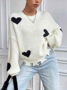 SHEIN Qutie 愛心圖案落肩袖仿舊邊套頭毛衣 - 彩色 - 查看 4