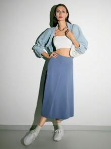 DAZY High Waist Fold Pleated Skirt - Dusty Blue - View 5