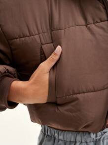 SHEIN Unity Slant Pocket Zipper Drop Shoulder Crop Padded Padded Coat Clothes Winter - Mocha Brown - View 6