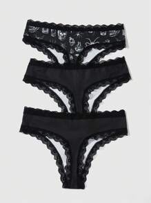 ROMWE Goth 3Packs Plus Skull Print Contrast Lace Panty Set