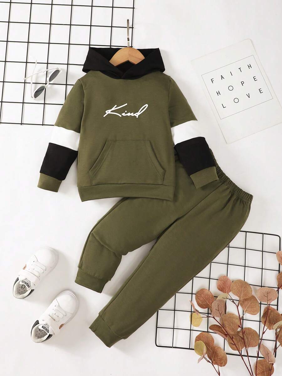 Kleiner Junge Jogginghose & Hoodie Buchstaben Grafik, Kontrast Einsatz,