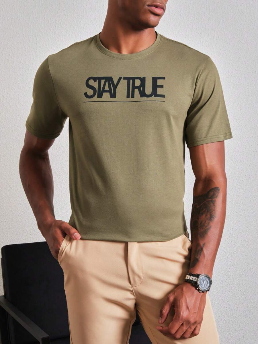 SHEIN 男士字母圖案T恤 - 綠色 - 查看 1