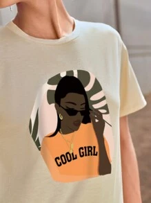 SHEIN EZwear 人物和字母圖案T恤 - 杏色 - 查看 3