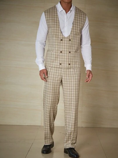 Calvornis Men Plus Plaid Double Breasted Vest Blazer & Suit Pants Without Shirt