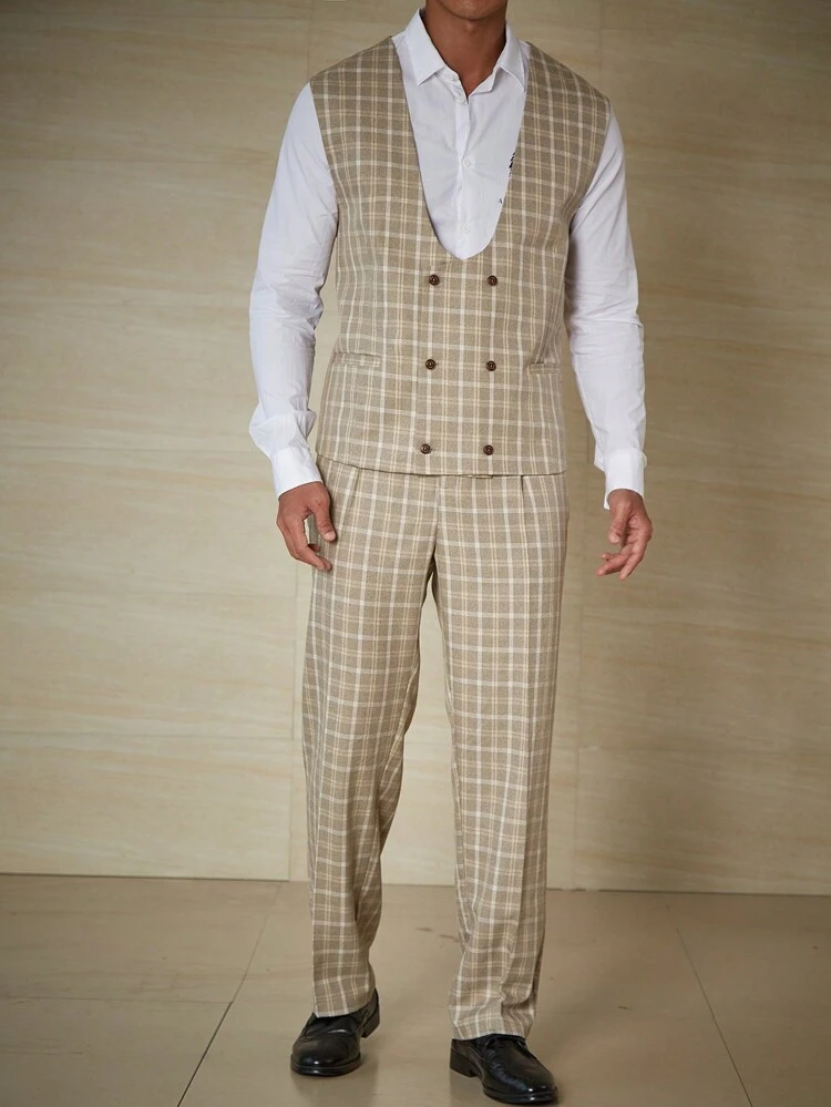 Men Plus Plaid Double Breasted Vest Blazer & Suit Pants Without Shirt