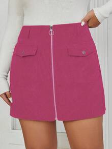 Flirla 大碼拉鏈開襟翻蓋口袋燈芯絨半身裙 - 中紫紅色 - 查看 3
