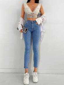 EURMUSE Solid Slant Pocket Skinny Jeans - Blue - View 3