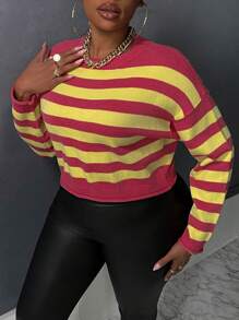 Slaydiva Plus Striped Pattern Drop Shoulder Sweater - Multicolor - View 3
