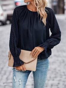 SHEIN LUNE 蕾絲拼接荷葉袖襯衫 - 藏蓝色 - 查看 3