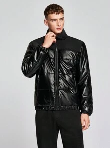 Manfinity VCAY Chaqueta casual tipo plumas con cremallera y manga larga, talla grande para hombre