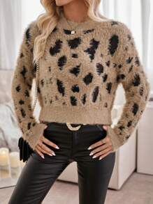 SHEIN Clasi Leopard Pattern Fluffy Knit Sweater - Multicolor - View 3