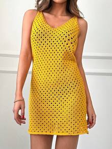 EURMUSE Hollow Out Cover Up Dress - Yellow - View 3