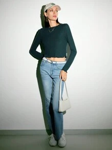 SHEIN EZwear Lettuce Trim Rib-knit Top - Dark Green - View 4