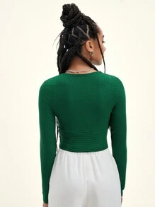 Muchica 交叉領羅紋針織短版T恤 - 墨綠色 - 查看 2