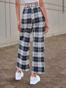 SHEIN EZwear 格紋印花腰部抽繩長褲 - 藍白色 - 查看 2