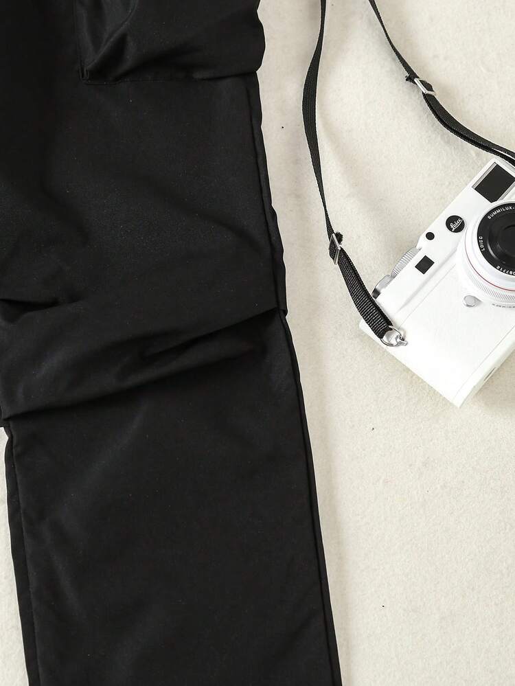 SHEIN 女大童側翻蓋口袋工裝褲 - 黑色 - 查看 3