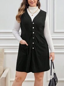 SHEIN Essnce Plus Button Front Patch Pocket Dress Without Sweater - Black - View 5