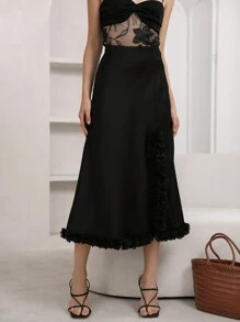 SHEIN Privé Solid 3D Appliques Trim Skirt - Black - View 1