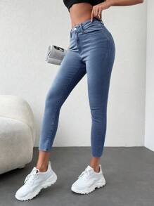 SHEIN Cottnline Jeans De Cintura Alta Ajustados - Azul lavado medio - Ver 3
