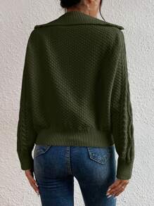 SHEIN LUNE Cable Knit Half Zip Raglan Sleeve Sweater,Long Sleeve Tops Knit Pullover Fall Winter Outfit - Army Green - View 2